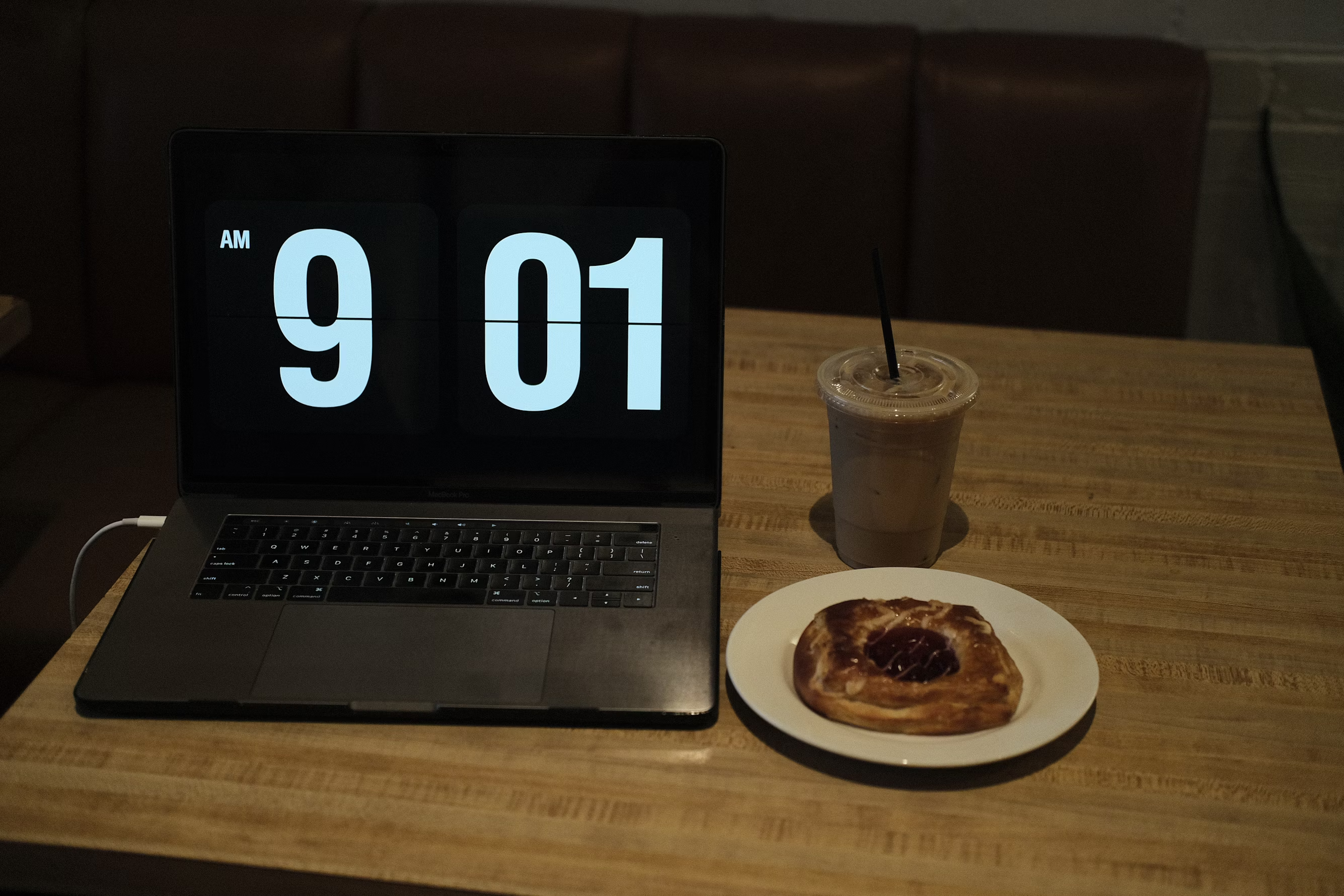 laptop, coffee, and food